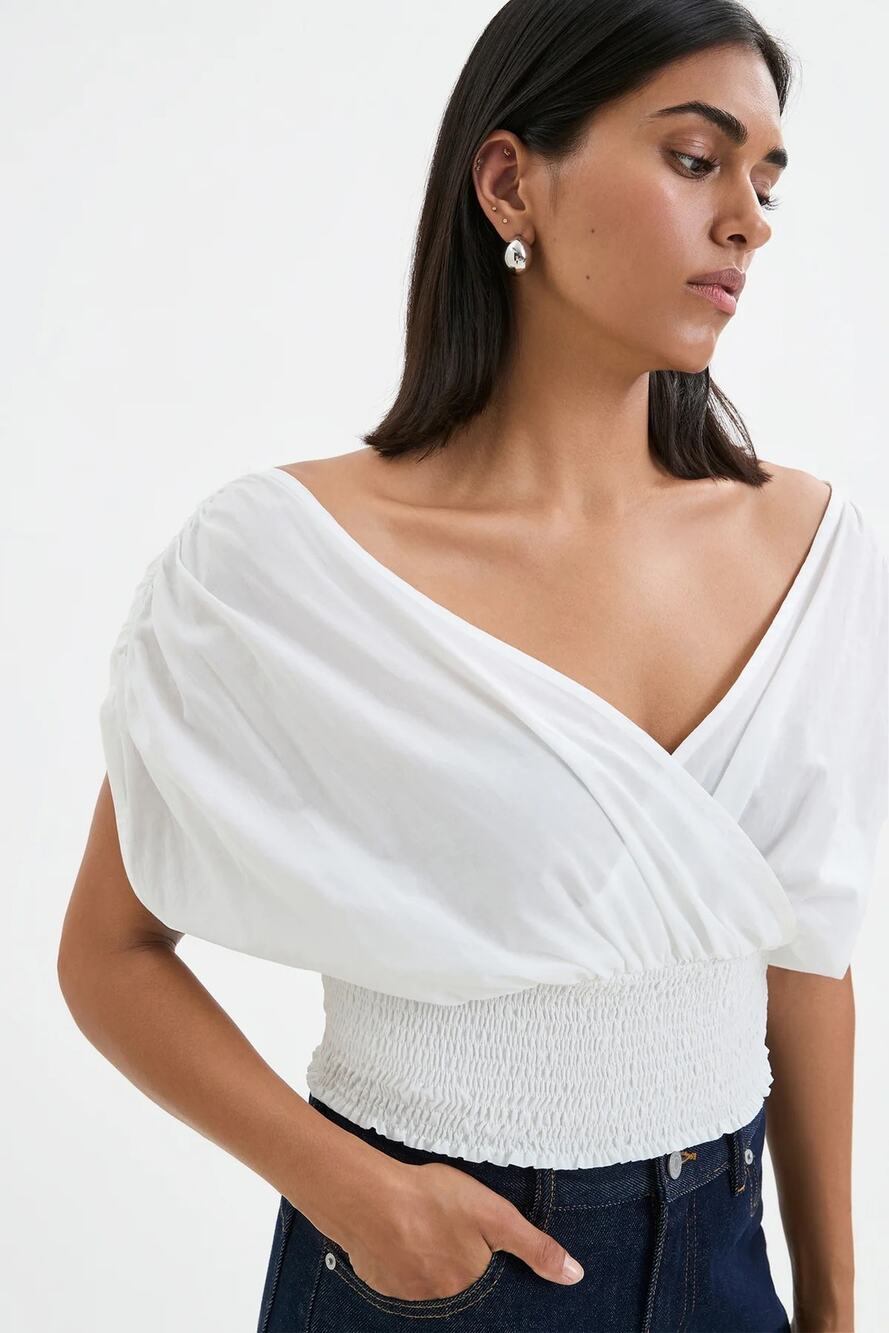 Marcella NYC European Cotton Voile Signe Smocked-Waist Top Small White City Chic